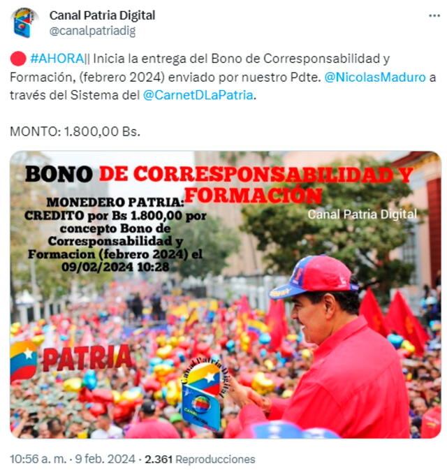 Nuevo Bono de la Patria de febrero 2024: COBRA HOY subsidio de 1800 bolívares mediante Sistema Patria | qué bono está cayendo | Nicolás Maduro | bono de corresponsabilidad febrero 2024 |bono especial para empleados públicos | mega bono