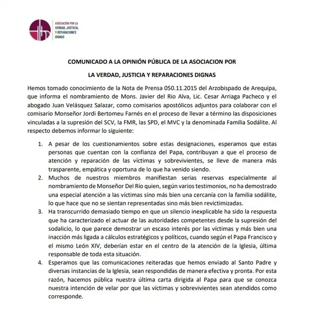  Comunicado de Asociación por la verdad, justicia y reparaciones dignas. Foto: difusión    