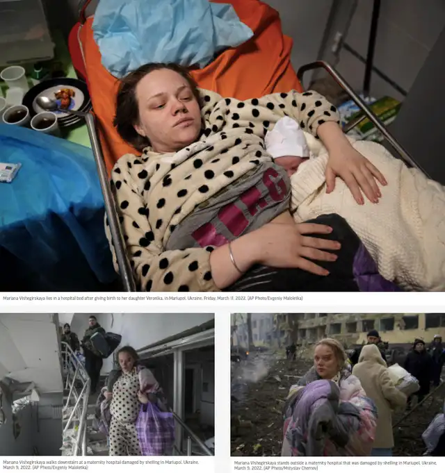 Imágenes que muestran a Mariana Vishegirskaya días después del bombardeo, quien dio a luz un día después del incidente. Fuente: Captura LR, AP.