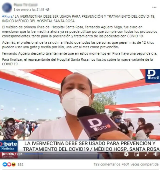 En el post se afirma que “ahora ya se puede utilizar” la ivermectina para prevenir la COVID-19. Foto: captura de Facebook.