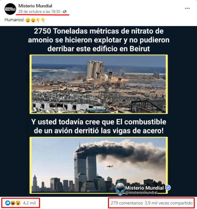 Imagen viralizada en la que deslizan que el combustible de un avión no derritió las vigas de acero de las Torres Gemelas. FOTO: Captura de Facebook