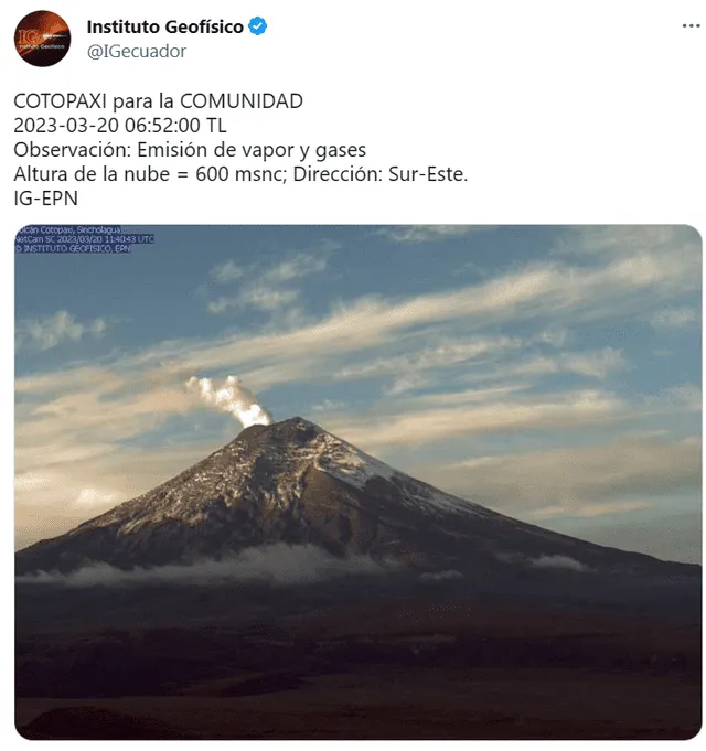  Último reporte del volcán Cotopaxi para la comunidad. Foto: IGE    
