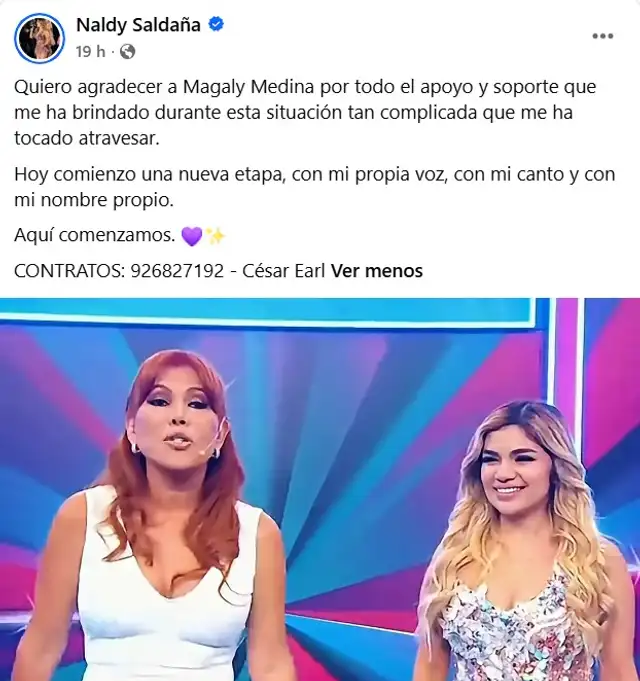 Naldy Saldaña agradece a Magaly Medina por el apoyo. Naldy Saldaña agradece a Magaly Medina por el apoyo.