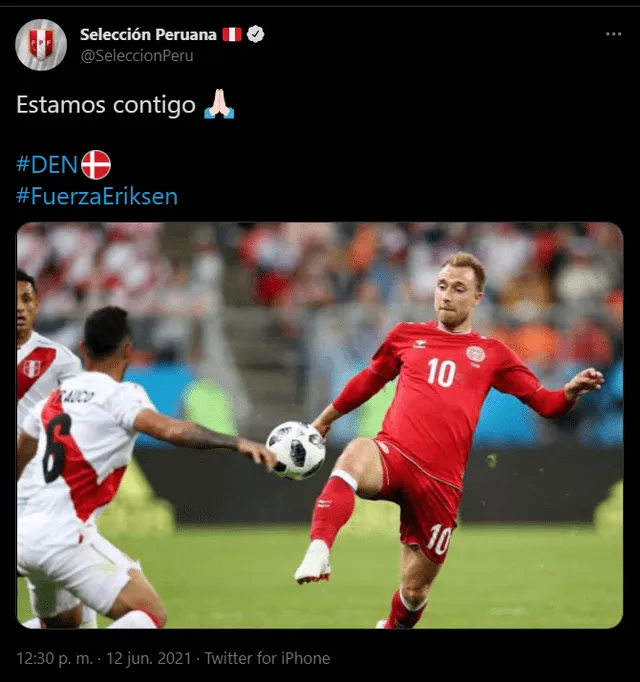 Tuit de apoyo de la selección peruana a Christian Eriksen. Foto: Captura