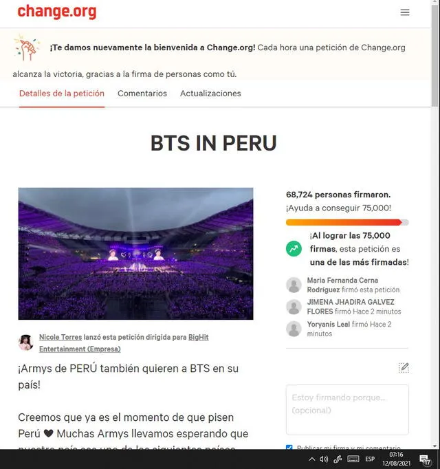 Firmas para concierto de BTS en Perú. Foto: captura change.org
