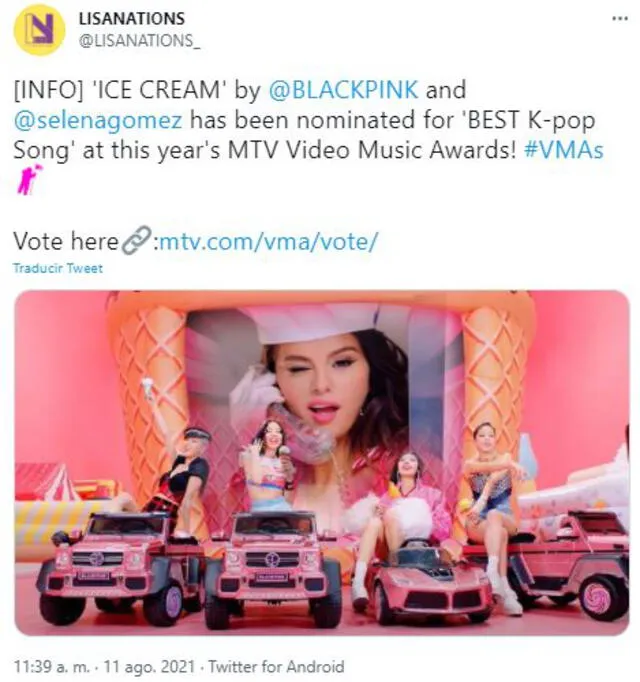 BLACKPINK y Selena Gomez son nominadas a los VMAs 2021. Foto: Twitter