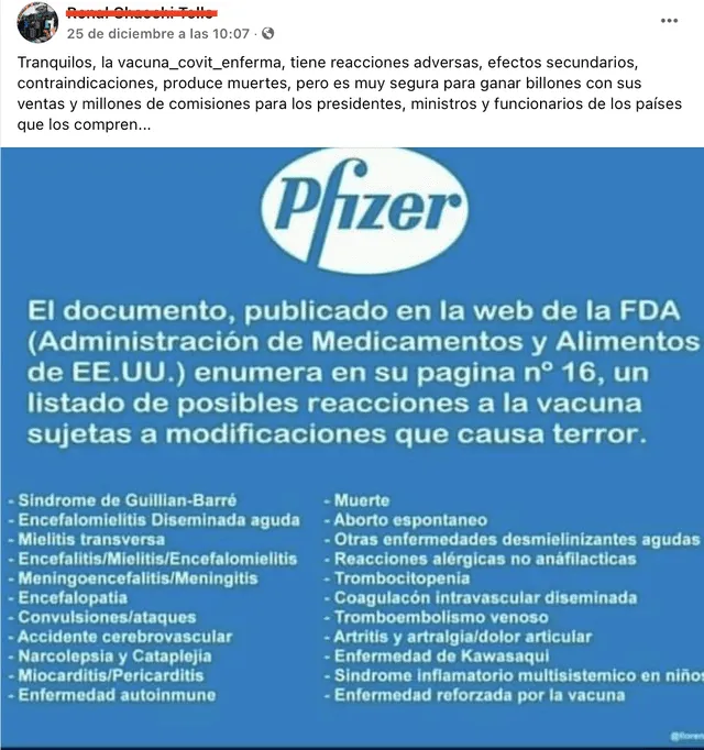 Lista con presuntos efectos secundarios de la vacuna de Pfizer es falsa. Foto: captura en Facebook.