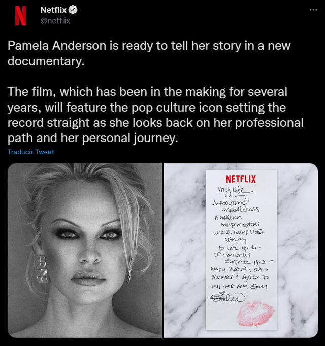 Tuit de Netflix sobre el documental de Pamela Anderson. Foto: Twitter