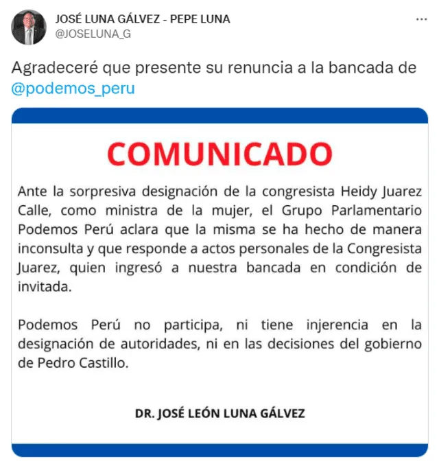 Comunicado de José Luna tras el nombramiento de Heidy Juárez como ministra de la Mujer. Foto: captura de Twitter