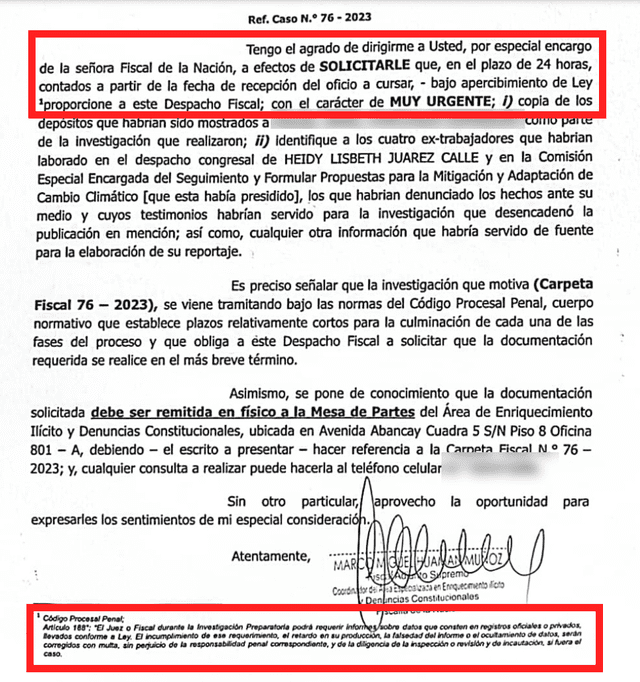 Documento enviado a Bruno Amoretti, de Hildebrandt en sus trece. Fuente: La República   