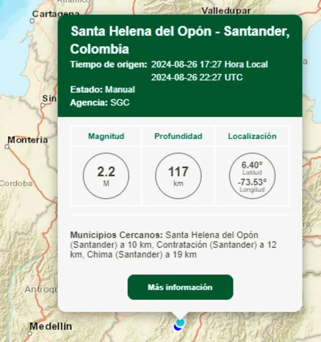 Último temblor hoy en Colombia. Foto: SGC   