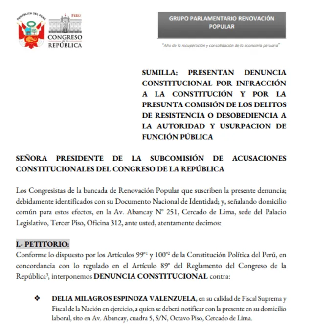 Denuncia constitucional promovida por Renovación Popular. Denuncia constitucional promovida por Renovación Popular.