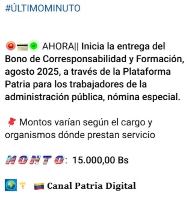 Anuncio del Bono Corresponsabilidad y Formación de agosto 2025. Foto: Canal Patria Digital   
