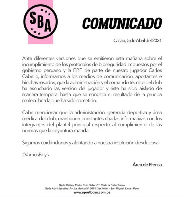 Sport Boys emitió un comunicado sobre la situación de Carlos Cabello