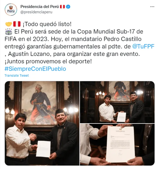 Tuit de la Presidencia del Perú. Foto: Twitter