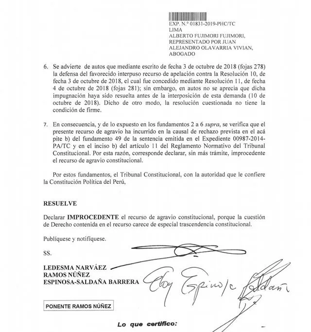 Resolución recurso de agravio constitucional presentado por Alberto Fujimori.
