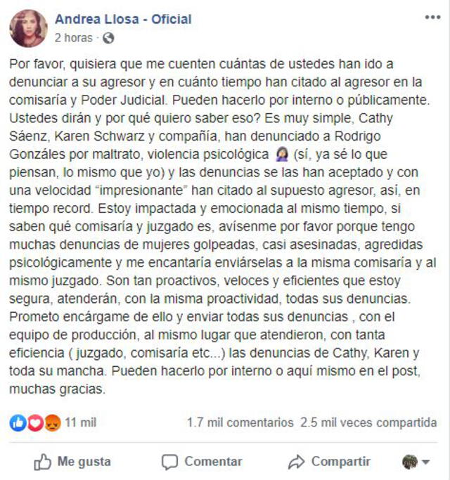 Publicación de Andrea Llosa en Facebook