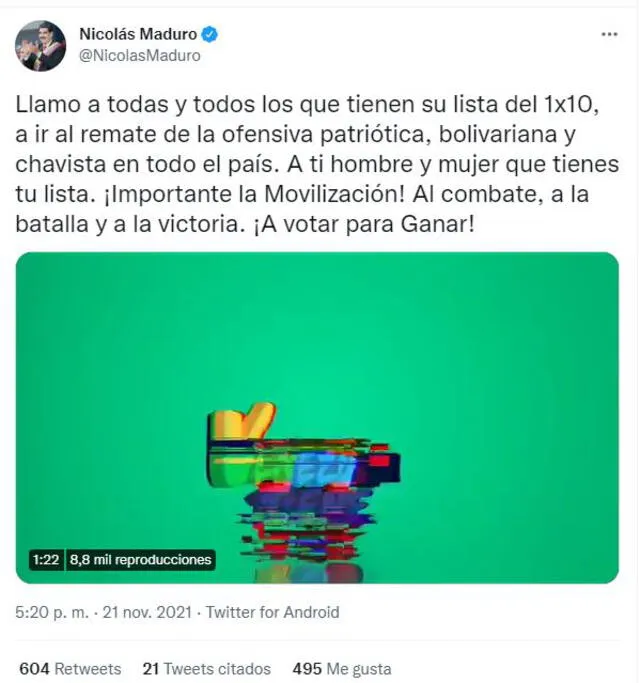 Polémica. Nicolás Maduro pide a sus simpatizantes a un remate sin precedentes en las elecciones regionales de Venezuela luego de haber cerrado los centros de votación. Foto: captura Twitter