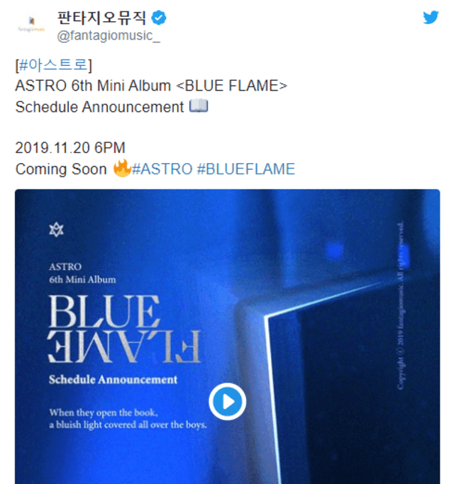 El 1 de noviembre, Fantagio Music anunció el regreso de ASTRO con su sexto mini álbum 'Blue Flame'.