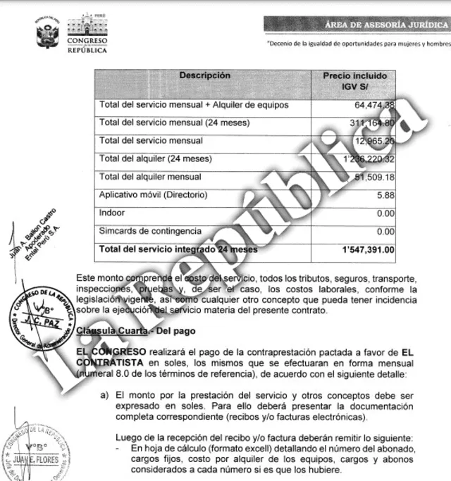  Contrato del Congreso con Entel. Foto: documento    