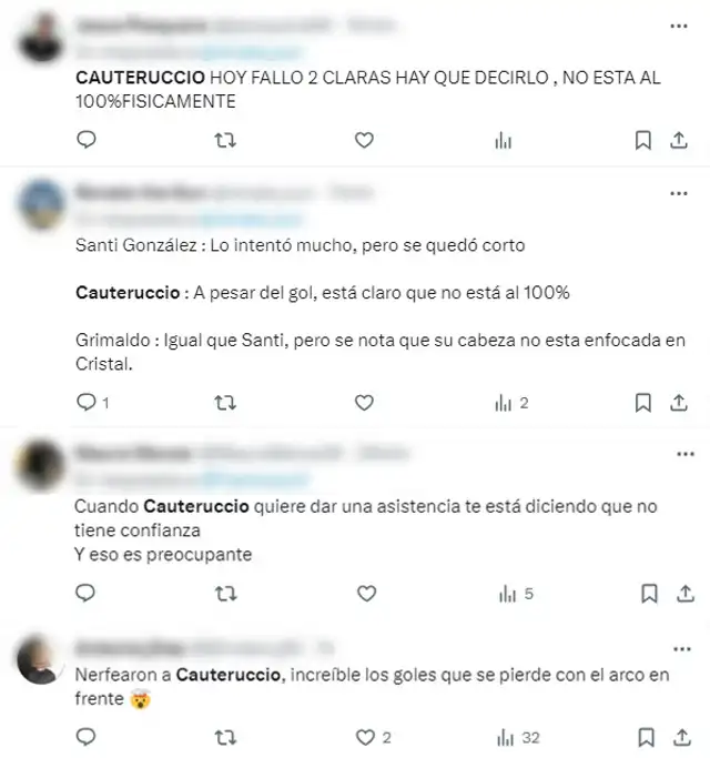 Opiniones de los hinchas sobre el partido de Martín Cauteruccio. Foto: captura de X Opiniones de los hinchas sobre el partido de Martín Cauteruccio. Foto: captura de X
