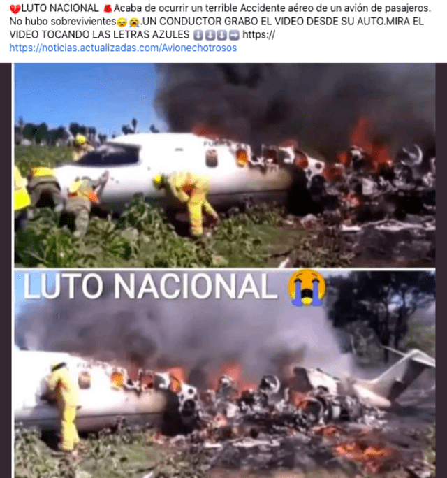 Publicación compartida en Facebook el 21 de abril de 2022 que muestra un supuesto accidente aéreo que “acaba de ocurrir”. Fuente: Captura LR, Facebook.
