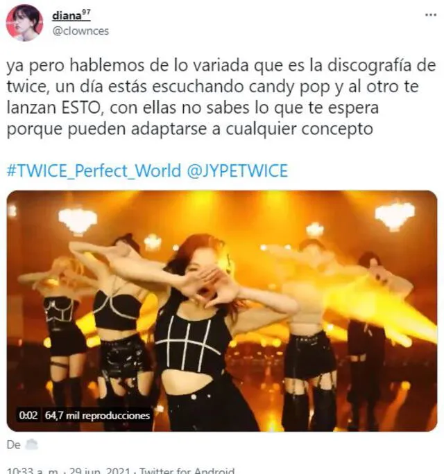 ONCE comenta el MV "Perfect world de TWICE". Foto: captura Twitter/@clownces
