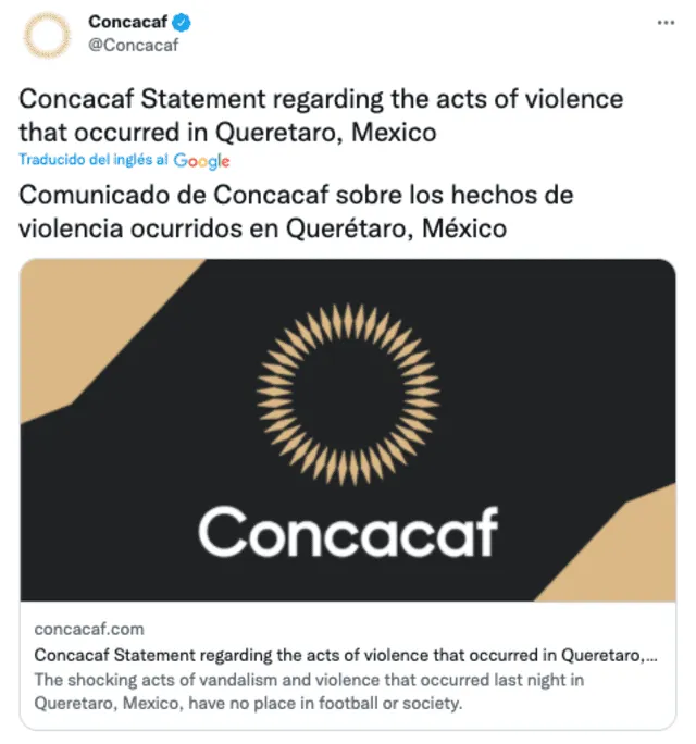 Mensaje de la Concacaf sobre lo ocurrido en la Liga MX. Foto: captura Twitter Concacaf