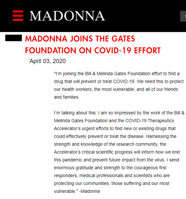 Madonna dio a conocer su donación a través de un comunicado en su página web.