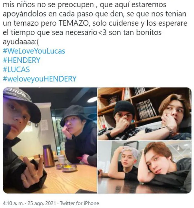 NCTzen envía mensajes a favor de Lucas y Hendery. Foto: Twitter