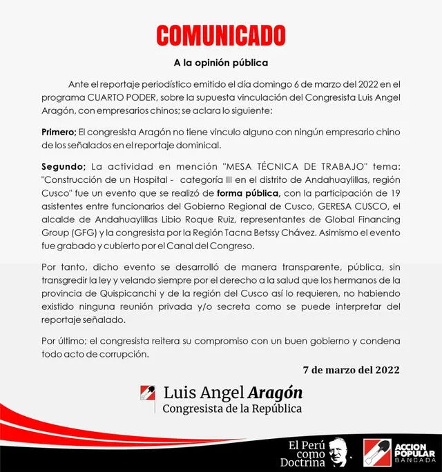 Comunicado Luis Aragón. Foto: difusión