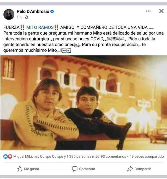 Pelo De Ambrosio dedica mensaje al músico Mito Ramos. Foto: Pelo De Ambrosio/ Facebook