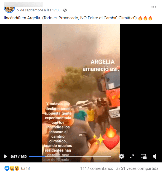  Desinformación sobre los incendios forestales en Argelia y el cambio climático. Foto: captura en Facebook   