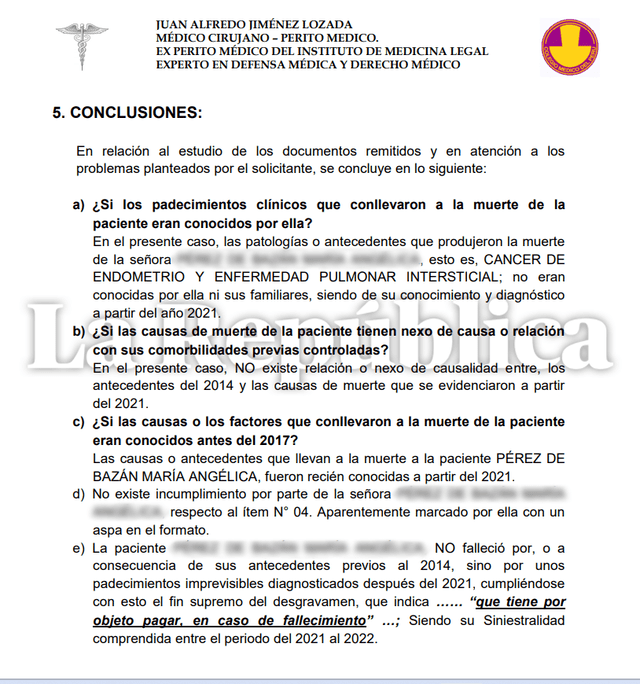 Informe médico pericial de parte sobre estado de salud y causas de muerte. Foto: LR   