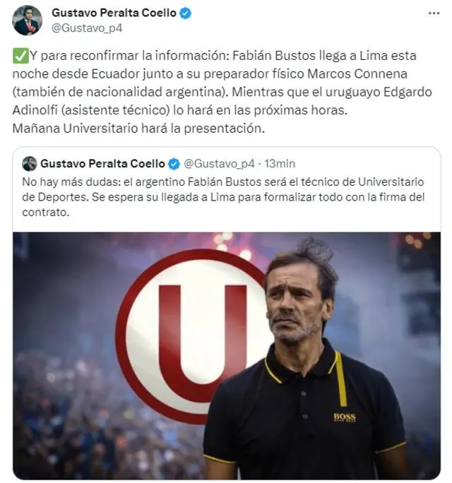 Fabián Bustos llegará al Perú hoy, viernes 29 de diciembre, por la noche. Foto: Twitter   