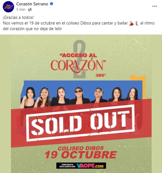  Anuncia sold out de la primera fecha de 'Acceso al corazón', esperado concierto de Corazón Serrano. Foto: captura Facebook   