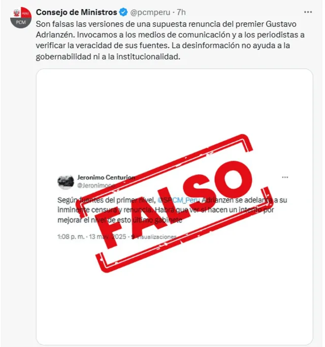 Tweet falso del Consejo de Ministros. Foto: X Tweet falso del Consejo de Ministros. Foto: X