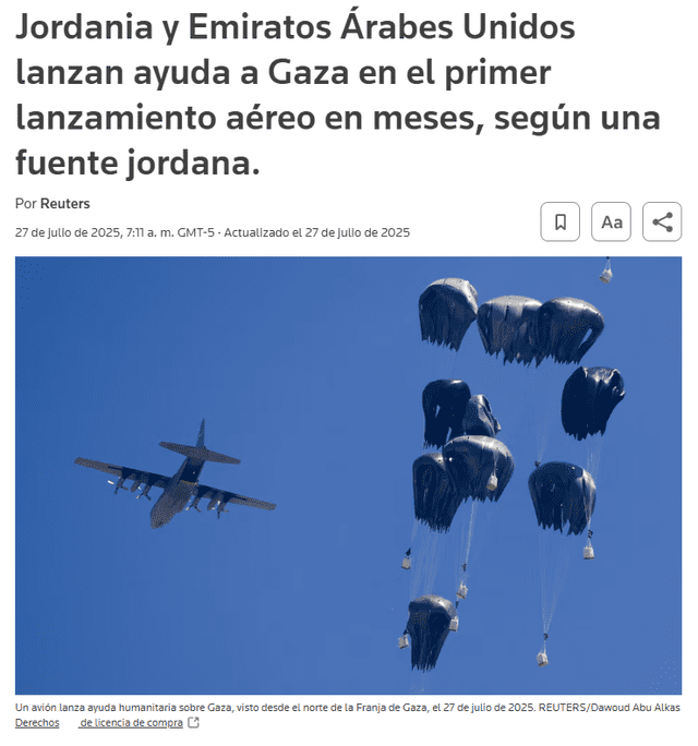<em> Publicación de Reuters sobre el envío de ayuda humanitaria por parte de Jordania y EAU. Foto: captura de pantalla</em>   