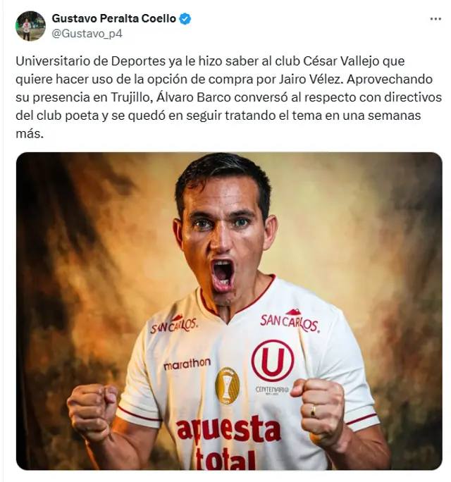Jairo Vélez seguiría en Universitario. Foto: captura de X   