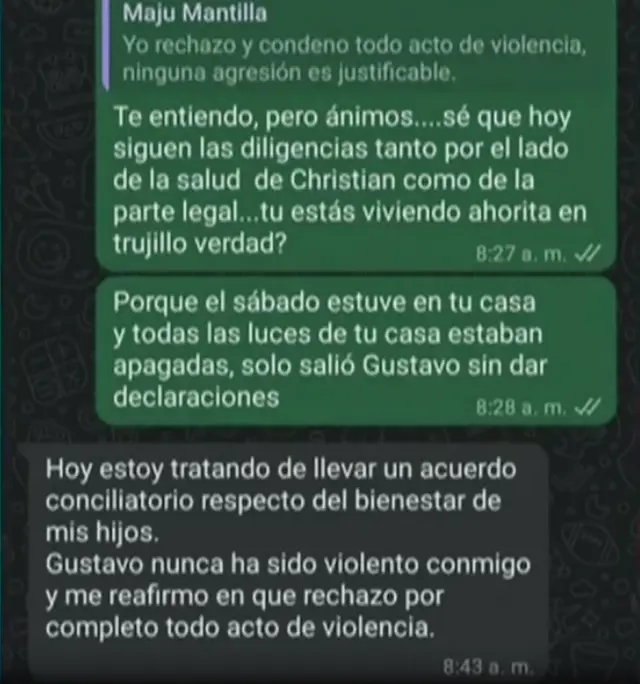 Maju Mantilla niega que Gustavo Salcedo le haya golpeado. Foto: captura/Whatsapp.   