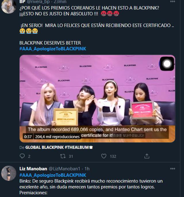 Comentarios sobre la ausencia de BLAKCPINK en los AAA 2020. Foto: captura Twitter