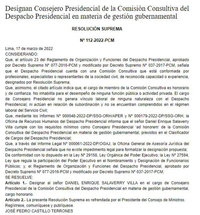 Designación de Guillermo Bermejo como consejero presidencial.