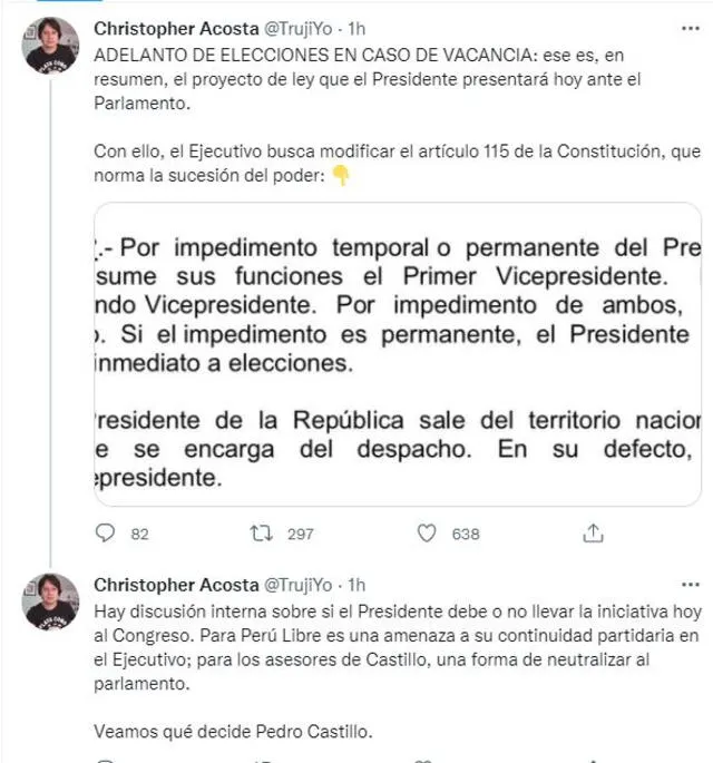 Pedro Castillo podría presentar esta tarde ante el Congreso un proyecto de ley para el adelanto de elecciones. Foto: Captura Twitter