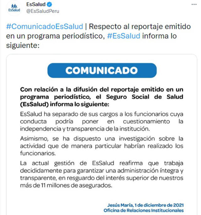 Pronunciamiento de EsSalud a través de su Twitter