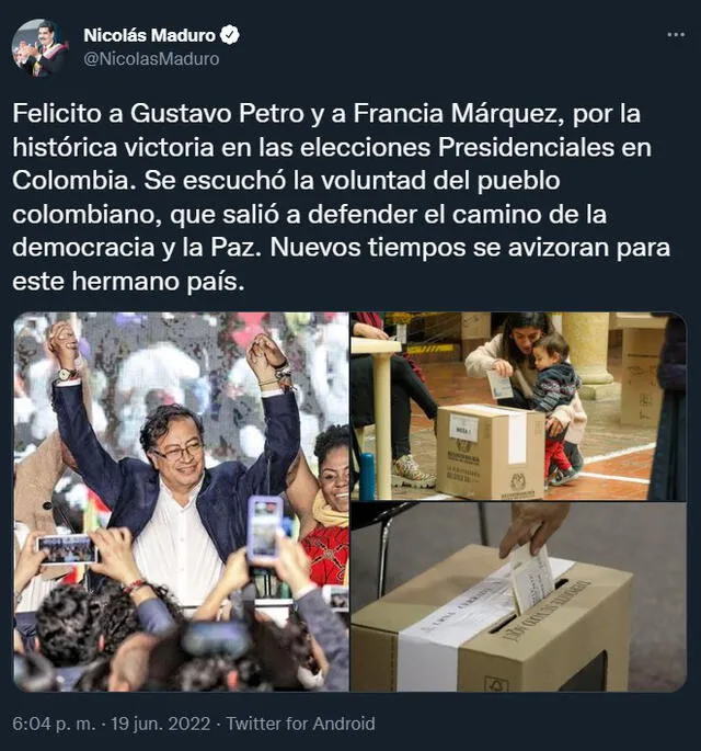 Nicolás Maduro felicita a Gustavo Petro.