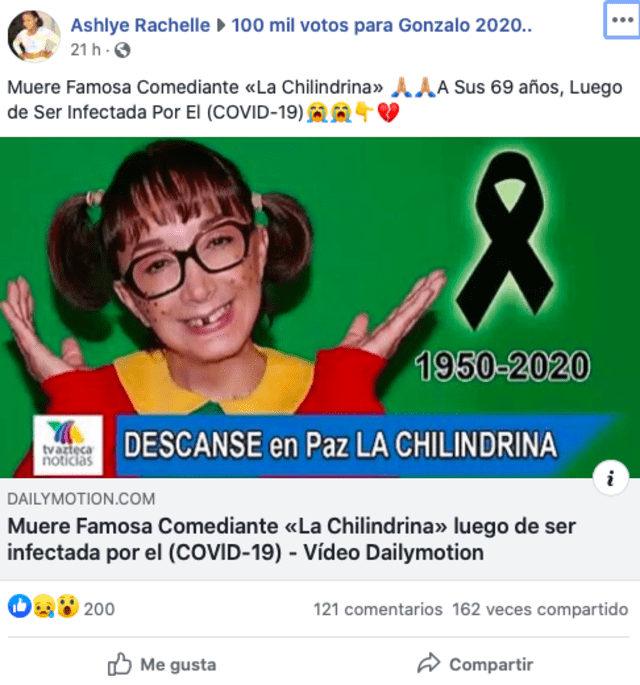 Falsos reportes en Facebook indican que La Chilindrina falleció de COVID-19