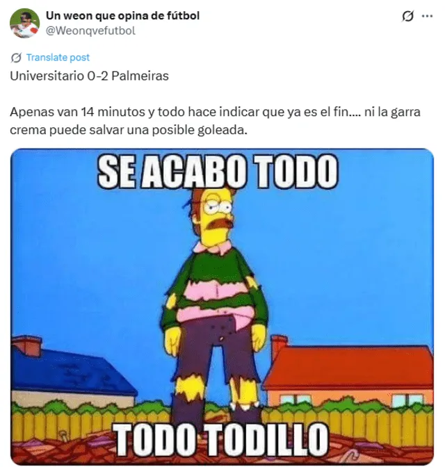    Usuarios compartieron memes por la derrota de Universitario ante Palmeiras. Foto: X.      