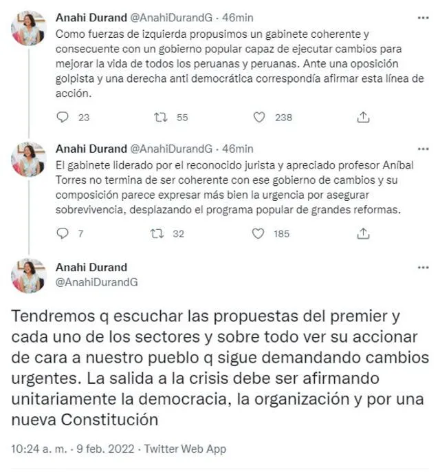 Anahí Durand se pronunció sobre la designación del nuevo gabinete liderado por Anibal Torres. Foto: Captura Twitter