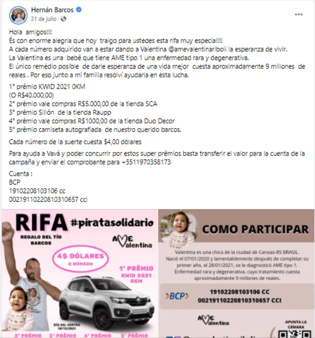 Hernán Barcos difunde rifa de una niña que sufre de AME. Foto: Facebook