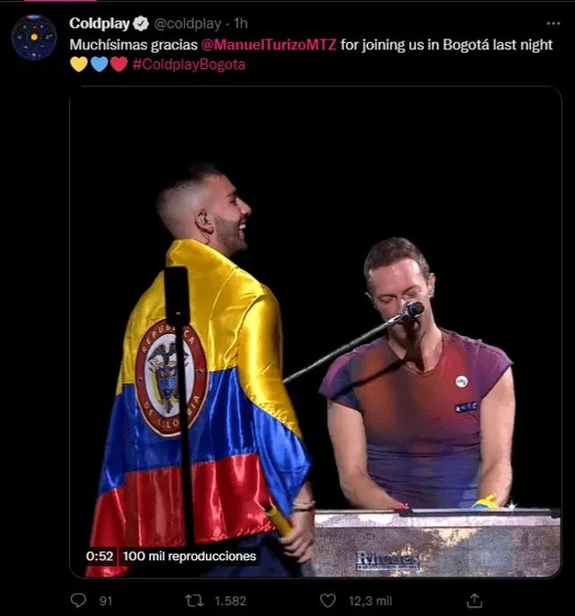 La agrupación Coldplay contentos tras presentación de Manuel Turizo